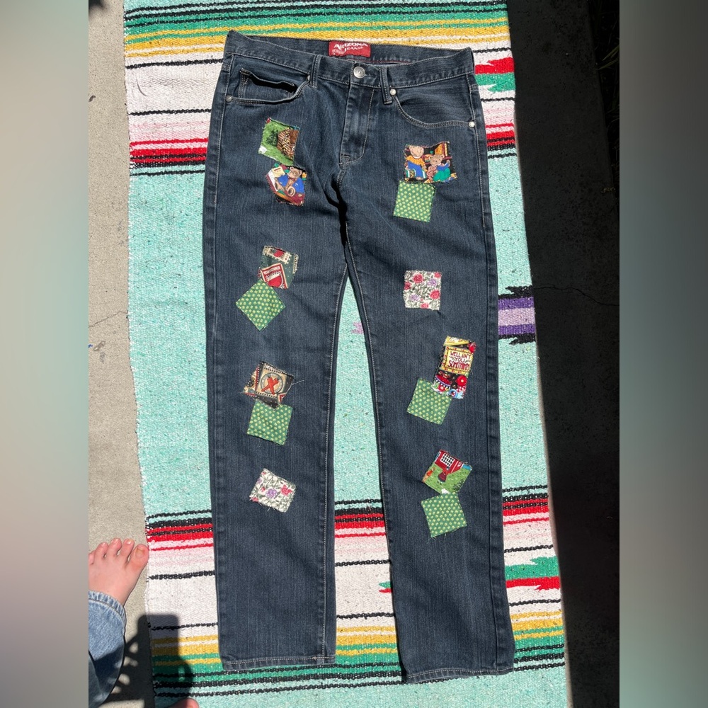 hand-sewn patchwork jeans with made with unique one of a kind vintage fabric